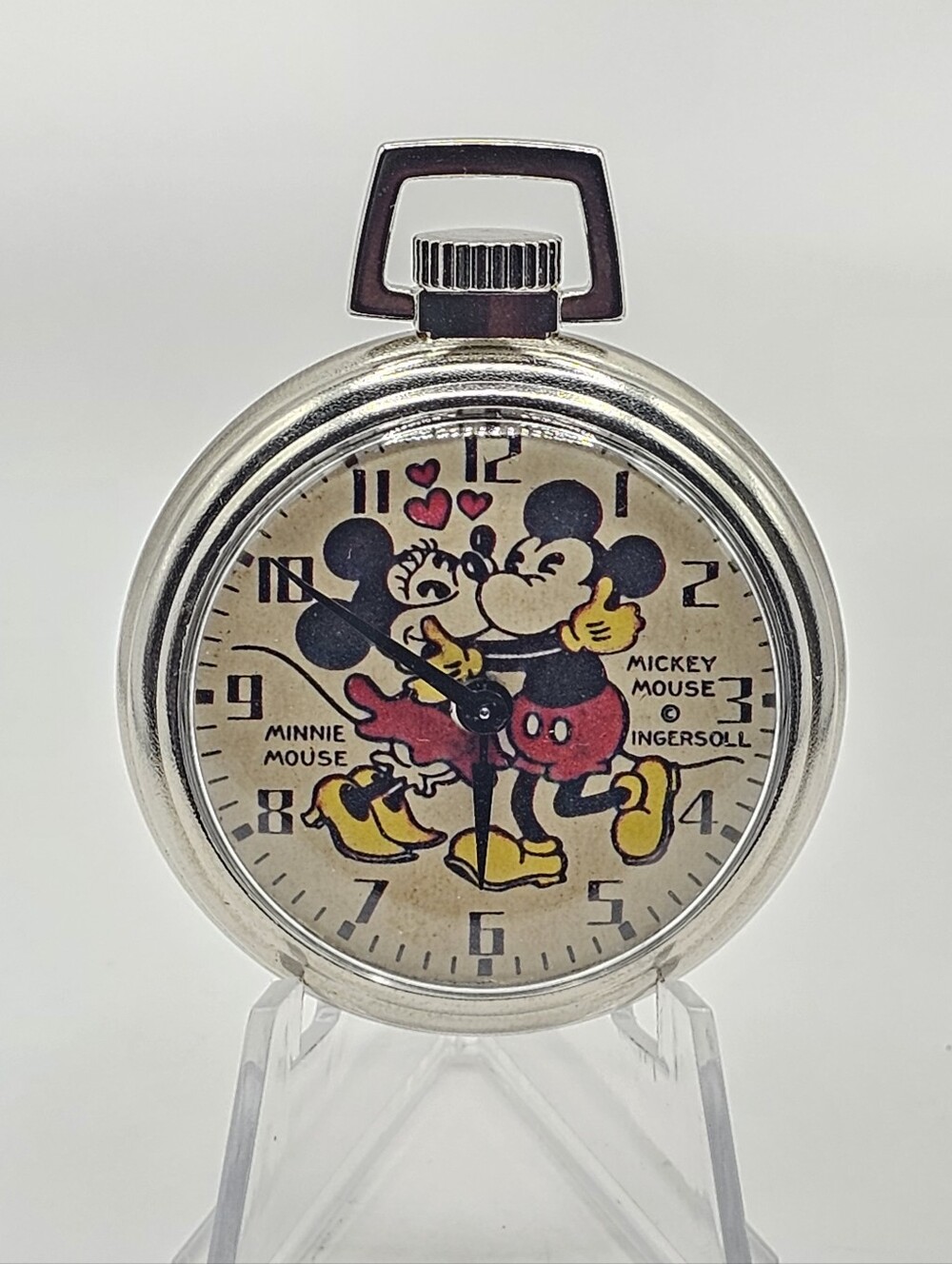 Rare Al Horen Mickey Kissing Minnie Mouse Pocket Watch Bradley Movement
